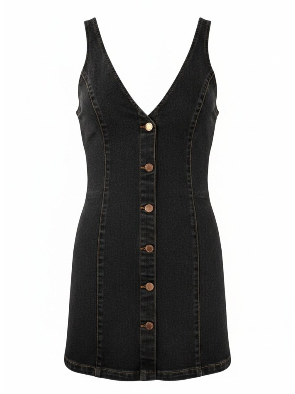Miss Selfridge V-Neck Denim Mini Dress Womens 6 Black Button Front Cowgirl Chic